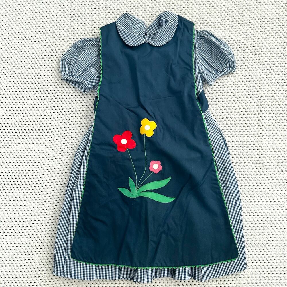 Jayne Copeland Vintage USA Blue Gingham Floral Apron Jumper Toddler Girl Dress 5